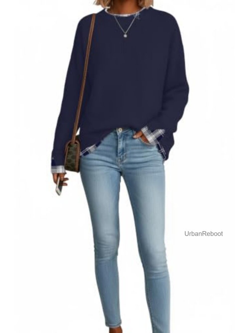 Oversized Cut-Out Crew Neck Pullover Sweater Ribbed Knit Patchwork - Picture 4 of 5